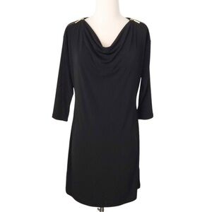 Michael Kors Black Jersey Dress w/ Gold Zipper Shoulder. Cowl Neck 3/4- Sleeve